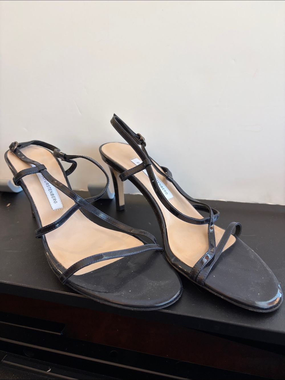 Dianne Von Furstenberg Black Patent Strappy Stiletto Sandals